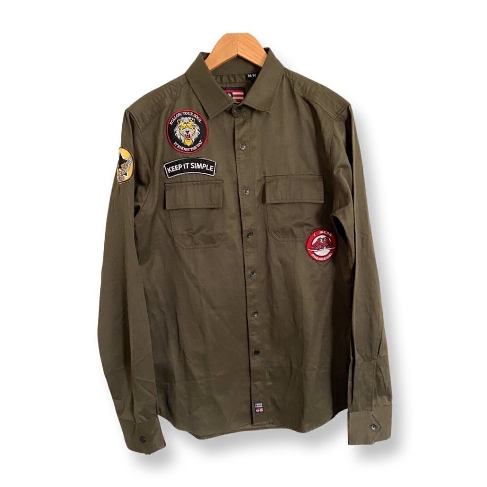 Phat Farm Men's Long Sleeve Button Up Military Shirt Green Patches Size Medium